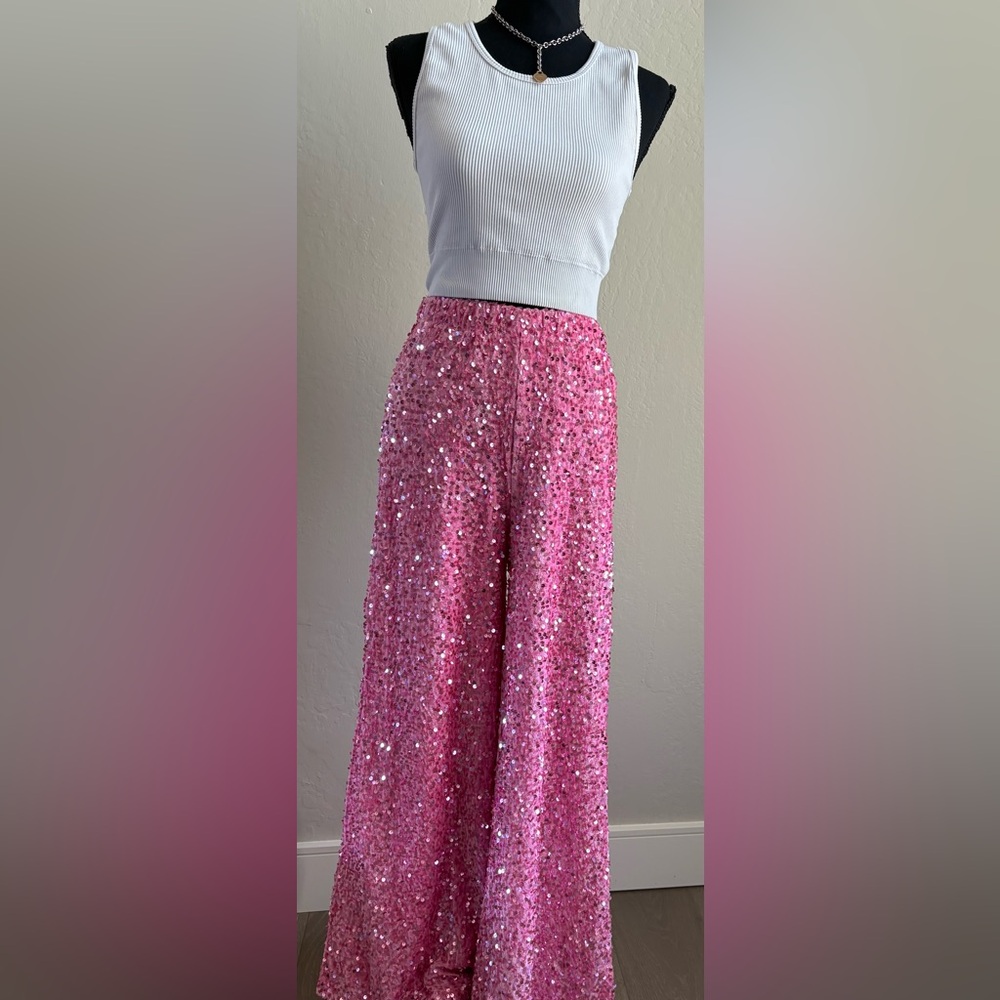 Pink Sequin Wide-Leg Pants - Picture 4 of 8
